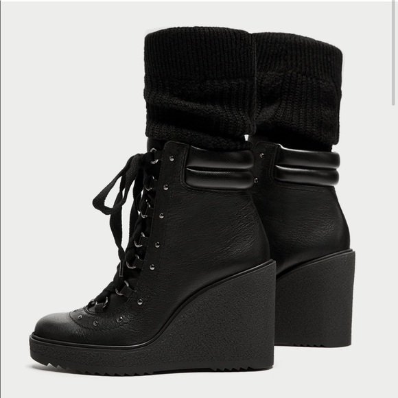 ZARA Lace Up Leather Wedge Stud Combat Boots - Picture 2 of 9